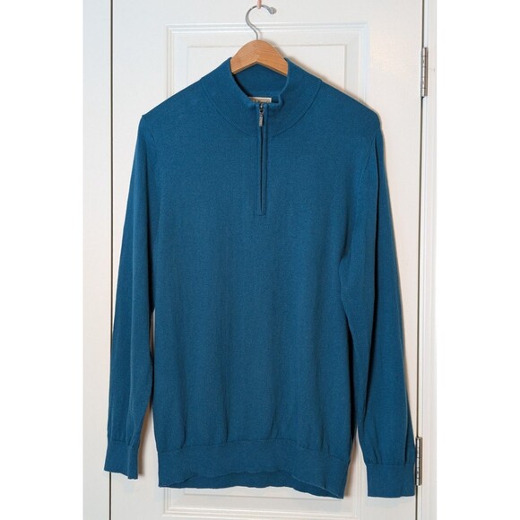 LL Bean Cashmere Blend Sweater Size L Blue 1/4 Zip Mock Neck Men's - Picture 1 of 8